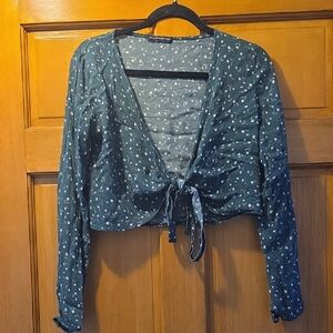 Brandy Melville Teal Floral Tie-Front Blouse